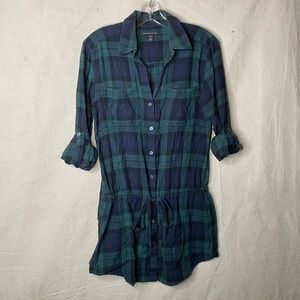 Vintage Flannel Plaid Check Tunic Dress Button Shirt Belt Cabin Cottage Coastal